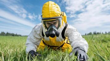 A man in a yellow protective suit and gas mask is in a field photo