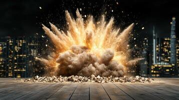 Explosion of a building on a wooden floor with city lights in the background photo