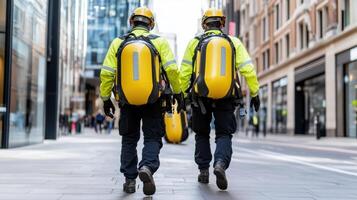 Two men in yellow jackets walking down a street photo