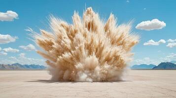 A large explosion in the desert with a blue sky photo