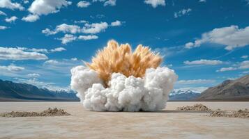 A large explosion in the desert with clouds in the background photo