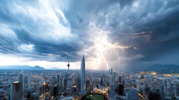 A city under a stormy sky with lightning photo