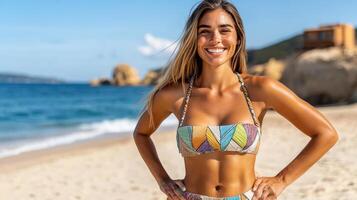 A woman in a colorful bikini top standing on the beach photo