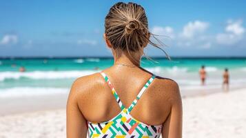 A woman in a colorful swimsuit stands on the beach photo