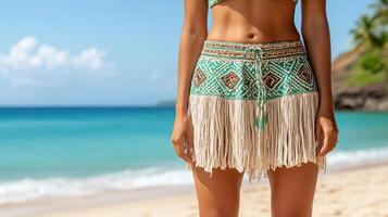 A woman in a bikini and fringe skirt on the beach photo