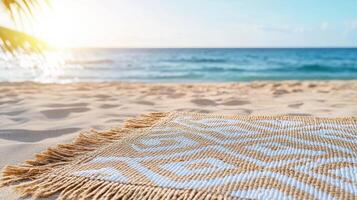 A beach mat with a fringe on it on the sand photo