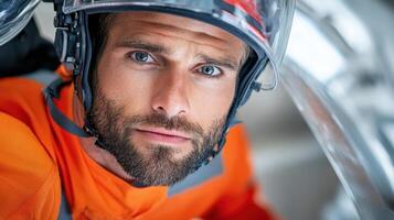 A man in an orange shirt and helmet photo