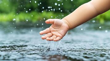 A child's hand reaching out to catch water photo