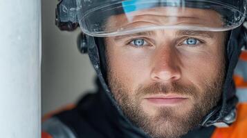 A man in an orange and black jacket and helmet photo