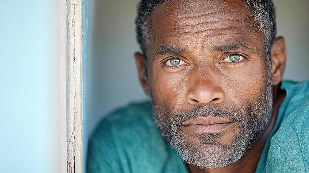 A man with a beard and blue eyes looking out the window photo