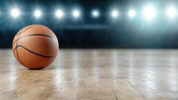 Basketball ball on the court with lights photo