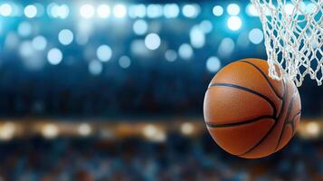 Basketball ball in the hoop with a bright light photo
