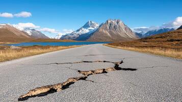 A cracked road with mountains in the background photo