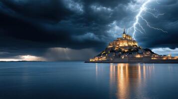 haunted castle perched on hill, illuminated by lightning and stormy skies photo