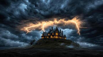 haunted castle perched on hill, illuminated by lightning and dark clouds photo