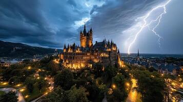 haunted castle perched on hill, illuminated by lightning and city lights photo