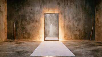 haunted mirror reflecting ghostly figure in dimly lit room photo