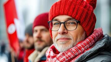 man in red hat and scarf participates in protest, showing solidarity photo