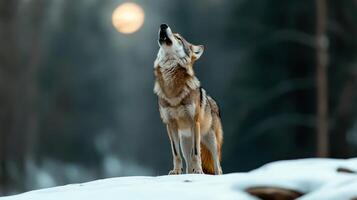 lone wolf howling on snowy ridge under glowing sunset photo
