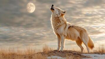 lone wolf howling at moon on snowy ridge, evoking sense of wilderness and solitude photo