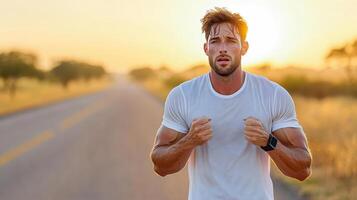 Exhausted marathon runner on road at sunset, feeling proud and accomplished photo