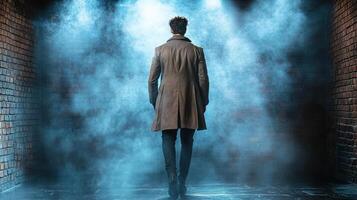 mysterious figure walks through foggy alley, creating intriguing atmosphere photo