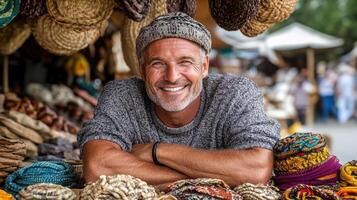 merchant showcasing traditional clothing in vibrant market setting photo