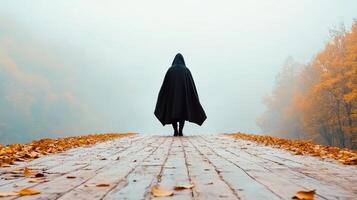 mysterious figure in hooded cloak walks through foggy landscape photo