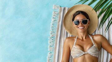 woman lounging on beach towel, wearing stylish bikini and sunglasses, exuding joy photo