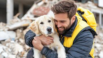 man joyfully rescues dog from collapsed building, showcasing compassion photo