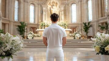 man in white stands before large ornate altar in serene church photo