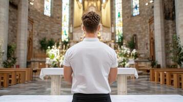 person standing in church, facing ornate altar with stained glass photo