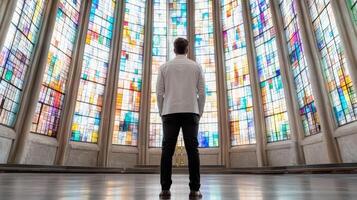 man standing in front of large stained glass window, reflecting on beauty photo