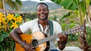joyful man playing guitar outdoors, surrounded by nature and flowers photo