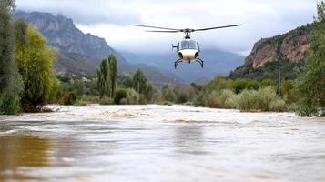 Rescue operation with helicopter over flooded river landscape photo