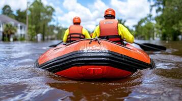 Rescue team in orange boat navigating flooded area, helping stranded residents photo