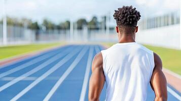 runner looking back at finish line, focused and determined photo