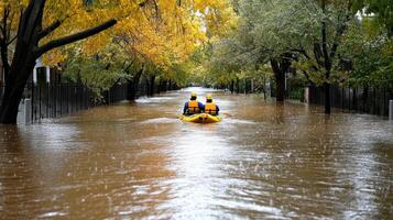 Rescue team using boat to reach stranded residents in flooded area photo