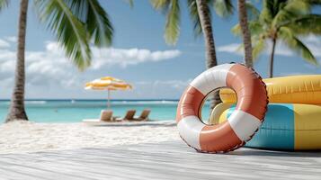 A life preserver and a beach chair on a beach photo