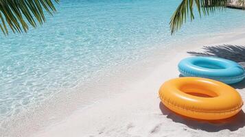 Two inflatable rings sit on the beach next to a palm tree photo