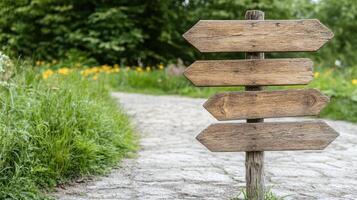A wooden sign pointing to a path in the grass photo