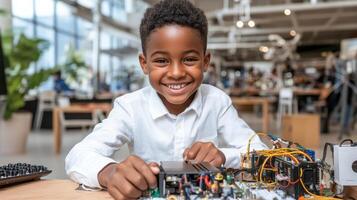 A young boy smiles while working on a computer photo
