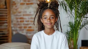 A young girl with dreadlocks sitting on a couch photo
