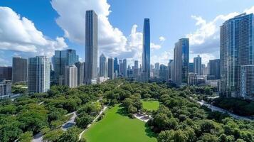 A city skyline with tall buildings and green grass photo