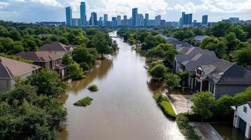 Flooded streets in a residential area with a city skyline in the background photo