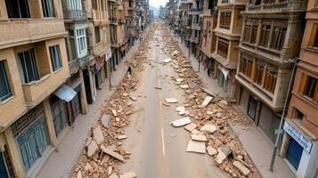 A street is covered in rubble and debris photo