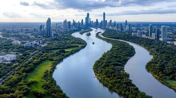 An aerial view of a river and city skyline photo