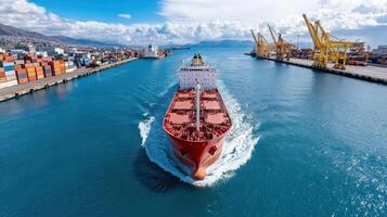 A cargo ship in the port of a city photo