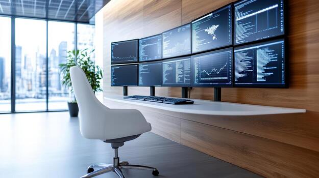 A white chair sits in front of a large monitor photo