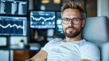 A man with glasses sitting in front of a computer screen photo